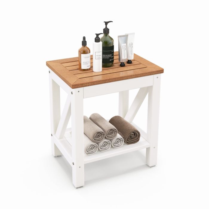 Shower Bench - 2-Tier Waterproof Shower Bench with Storage Shelf-Brown