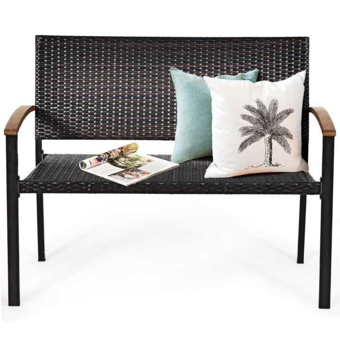 2-Person Outdoor Garden Stackable Bench with Acacia Wood Armrests