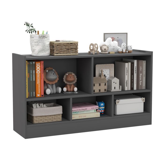 2-Tier Wooden Kids Bookcase with 5 Compartments for Playroom Study - Grey