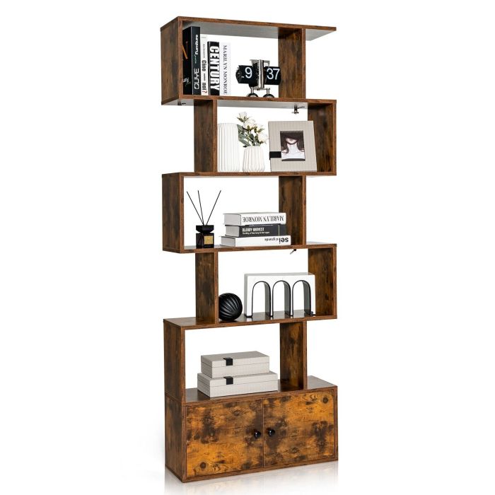 Bookcase - Industrial S-Shaped 5-tier Bookcase with Cabinet-Rustic Brown