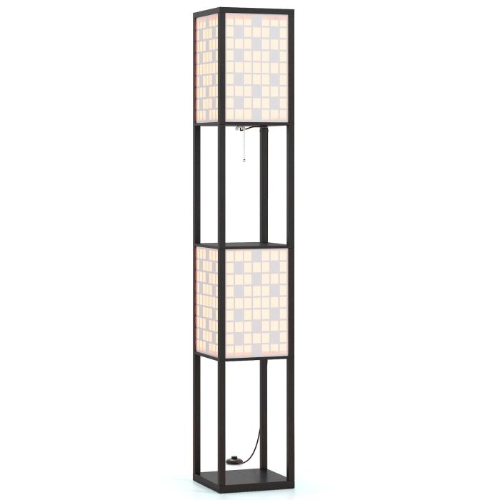ARNWICKOR 2-Light Floor Lamp with Shelves Wooden Shelf Lamp with 2 Cut-out Patterned Lampshades-Size 1