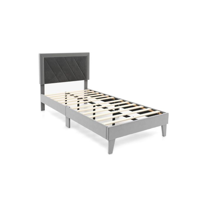 Single Bed - ALVA 3ft Wooden Bed with High Headboard and 12 Wooden Slats Gray and Black