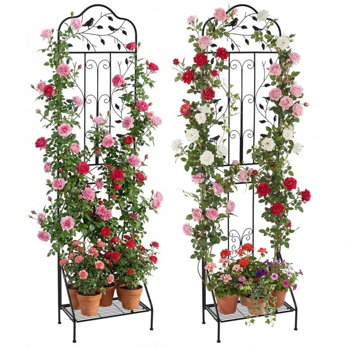NORVA Garden Trellis with Foldable Shelf and Anti-Tipping Device-Black-Set of 2