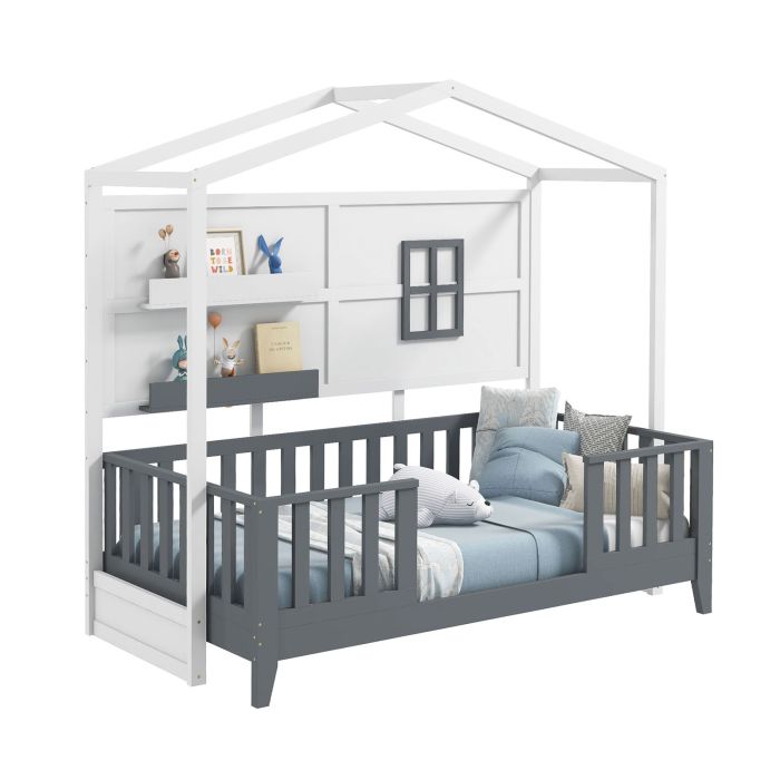 Single Bed - OCALA 3ft Kid's Bed with 2 Shelves and Guardrails White and Grey