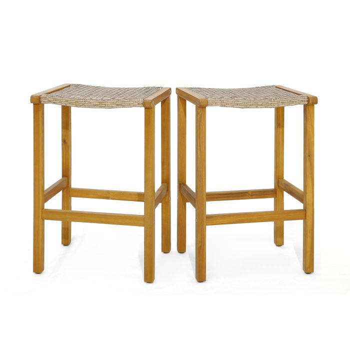 Garden Chair - 76cm Bar Height Chairs with Acacia Wood Frame and PE Wicker Saddle-Seat