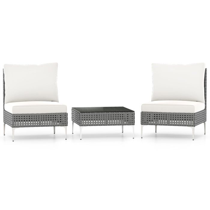 VEOVSI 3 Pieces PE Rattan Conversation Chairs with Tempered Glass Coffee Table for Garden Porch-White