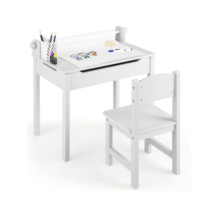 XOIN Kids Table and Chair Set with Paper Roll-White