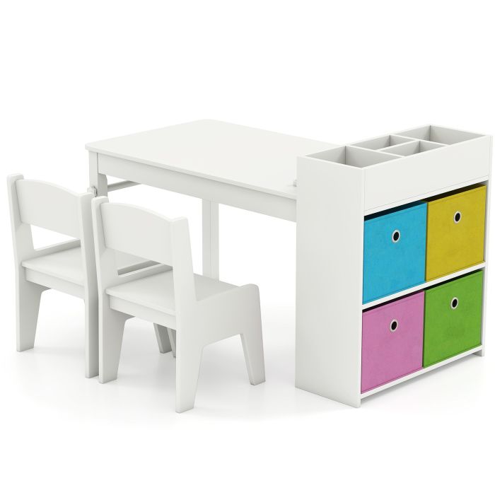 Kids Art Table and Chairs Set with Paper Roll and Storage Shelves-White