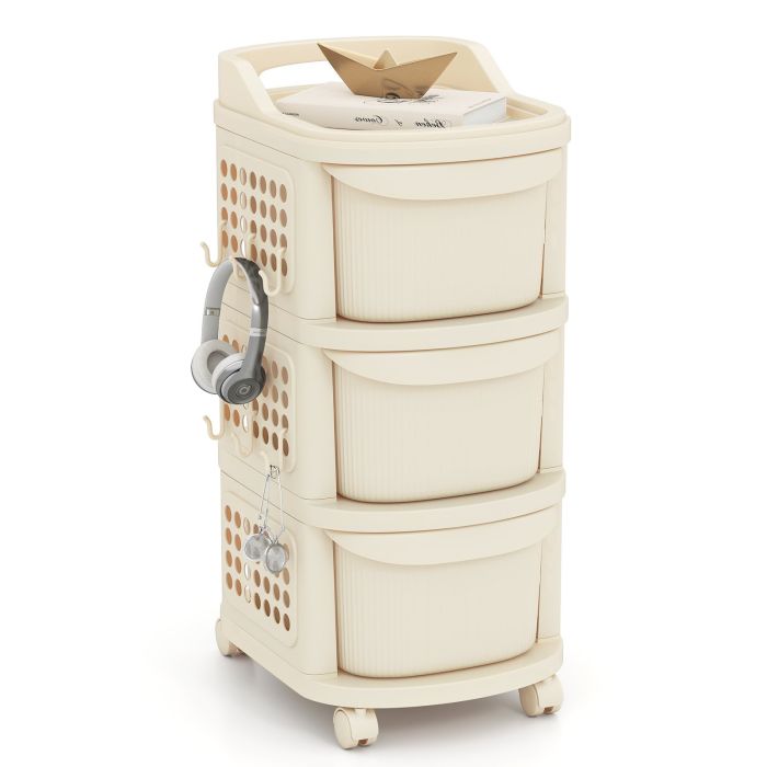 3-Drawer Rolling Plastic Utility Cart with 6 Hooks and Pegboard-White