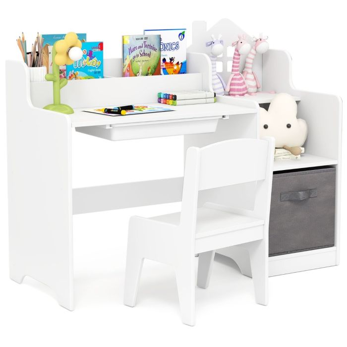 VEZELY Kids Study Desk and Chair Set Children Study Table with Open Shelves-White