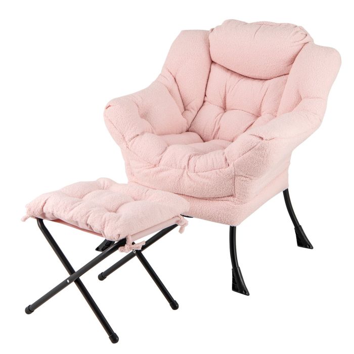 Armchair - Lazy Chair with Ottoman and Folding Footrest for Living Room-Pink