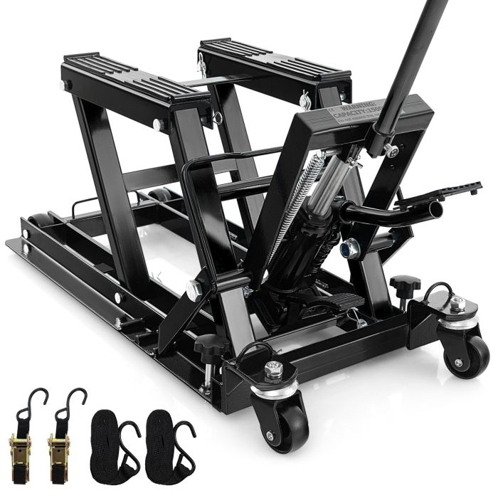LYONDA 680KG Motorcycle Lift Jack with 4 Wheels and Footplates-Black