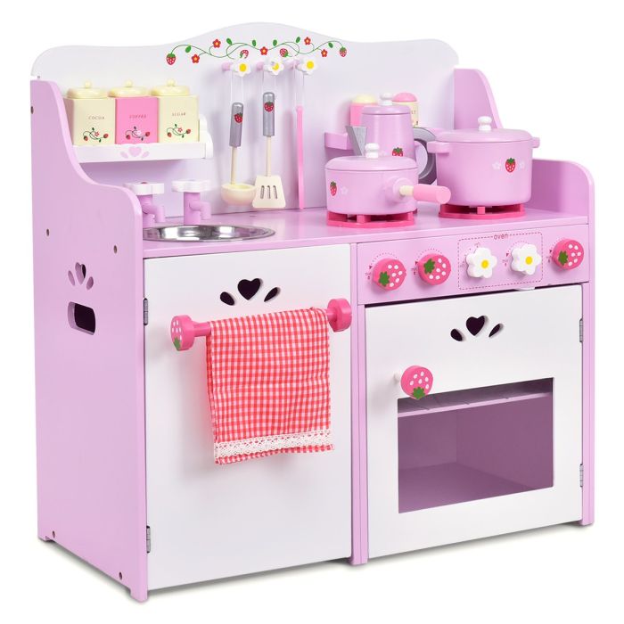 Kids Kitchen Toy - Kids Wooden Kitchen Playset with Oven and 13-Pieces Cookware