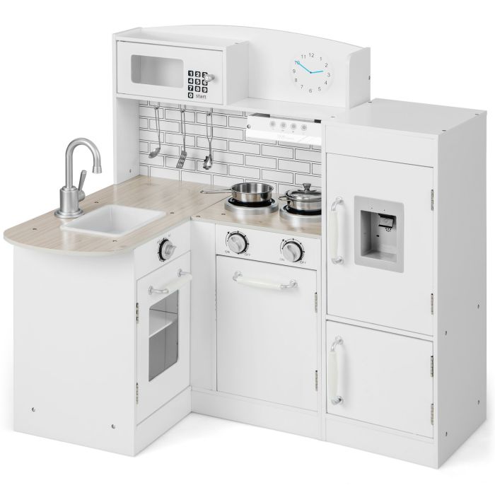 Kids Kitchen Toy - Kid's Wooden Corner Play Kitchen with Ample Accessories-White