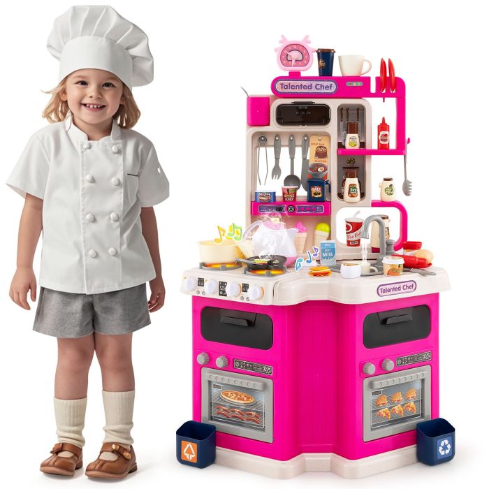 PENDALYN Kids Kitchen Playset Corner Play Kitchen with Realistic Sounds and Lights-Pink