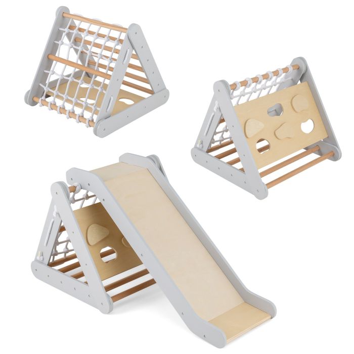OVIVUR 4 in 1 Toddler Wooden Triangle Climber with Ramp and Sliding Board-Grey