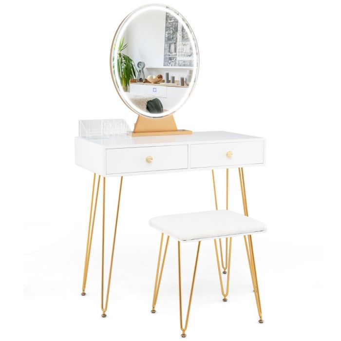 Vanity Set with LED Lighted Mirror and Soft Cushioned Stool for Bedroom-White