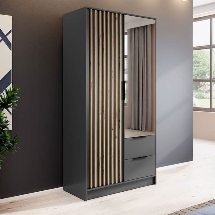 ORION 2 Door Mirrored Wardrobe with 2 Drawers Dark Grey - 105cm