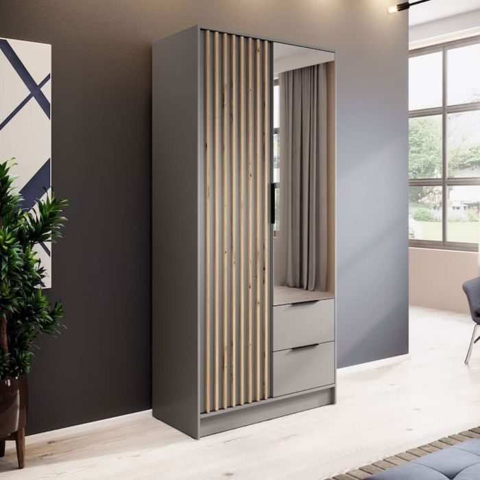 ORION 2 Door Mirrored Wardrobe with 2 Drawers Light Grey - 105cm