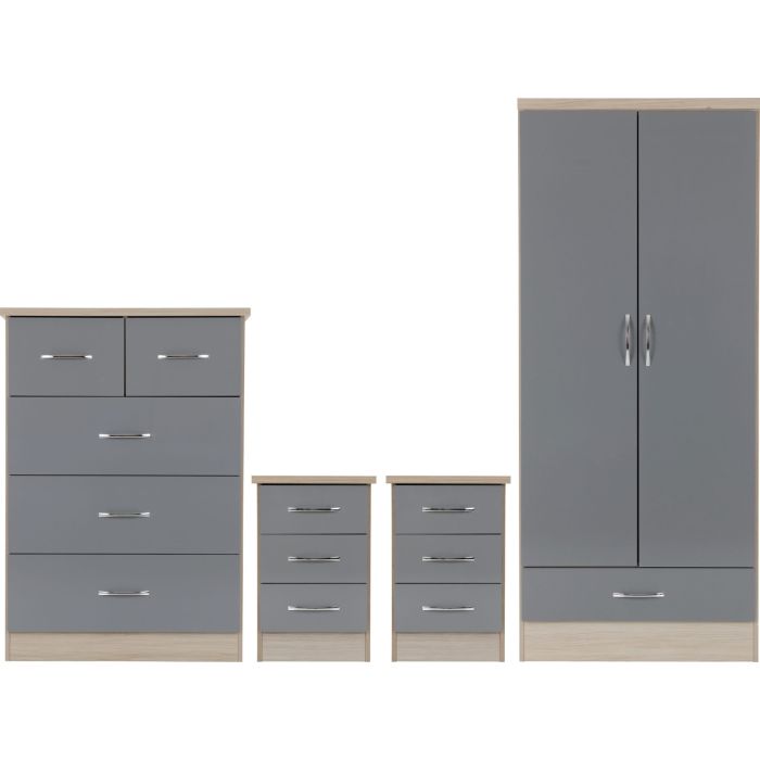 NEWBIGGIN 2 Door Wardrobe Set 4 Piece - Light Oak and Grey
