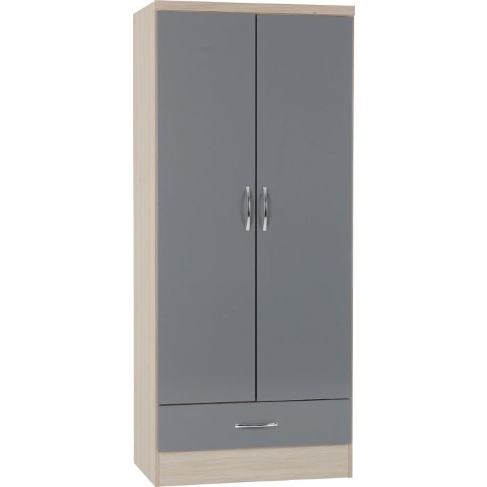 NEWBIGGIN 2 Door Wardrobe with 1 Drawer Grey Gloss with Light Oak - 78cm