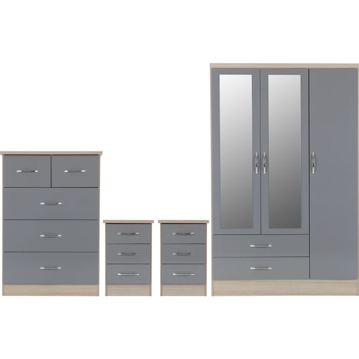 NEWBIGGIN 3 Door Wardrobe Set 4 Piece - Light Oak and Grey