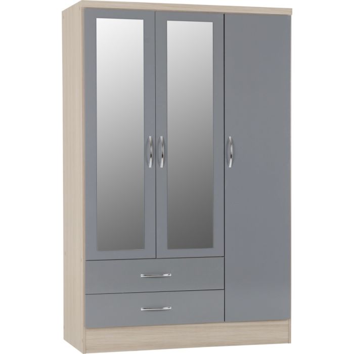 NEWBIGGIN 3 Door Mirrored Wardrobe with 2 Drawers Grey Gloss with Light Oak - 116cm