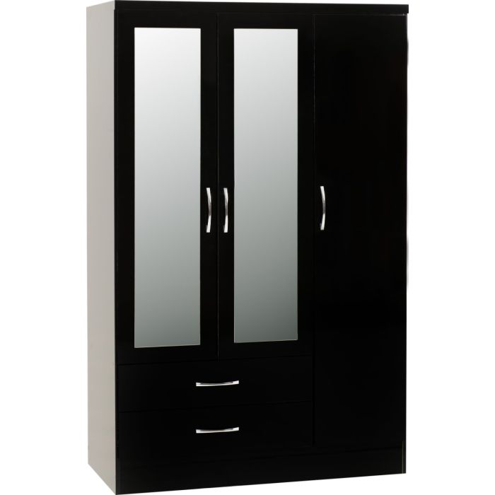 NEWBIGGIN 3 Door Mirrored Wardrobe with 2 Drawers Black Gloss - 116cm