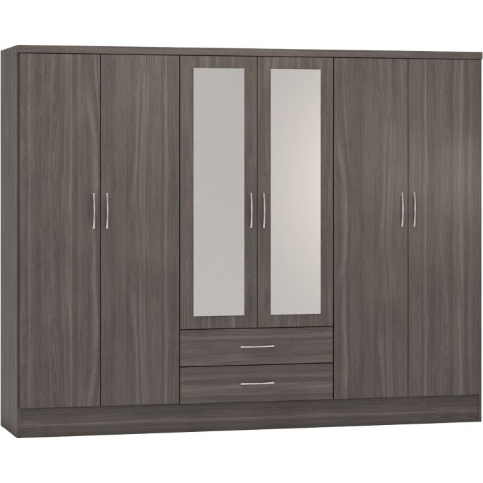 NEWBIGGIN 6 Door Mirrored Wardrobe with 2 Drawers Grey Oak - 230cm