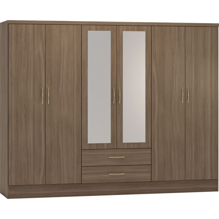 NEWBIGGIN 6 Door Mirrored Wardrobe with 2 Drawers Dark Oak - 230cm