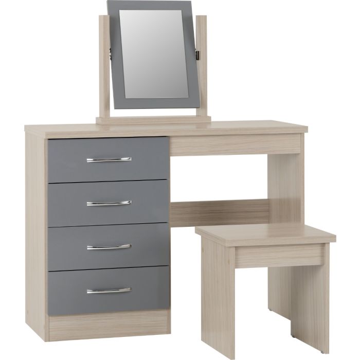 Nevada 4 Drawer Dressing Table Set - Grey Gloss Light Oak Effect Veneer