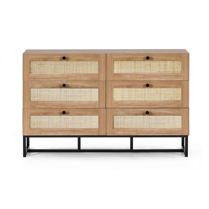 Oak Finish Rattan Chest of Drawers - PETERLEE Large Chest 6 Drawers Double Chest