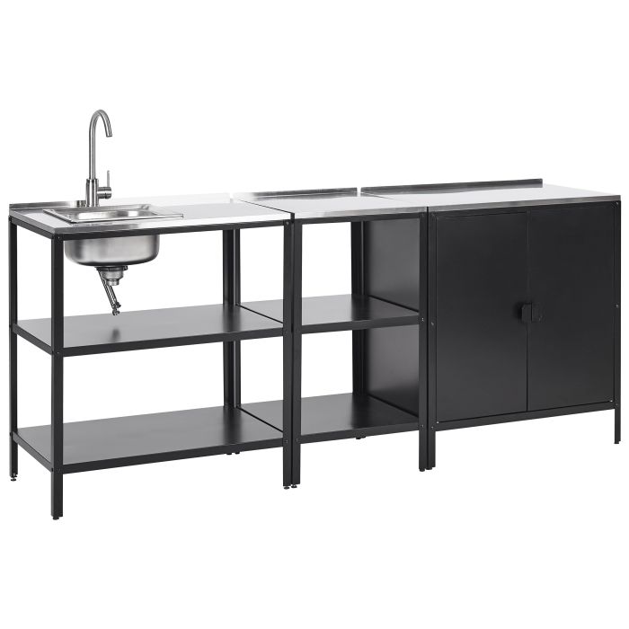 3 Piece Outdoor 2 Kitchen Islands and Cabinet Set with Sink Black VILAMA