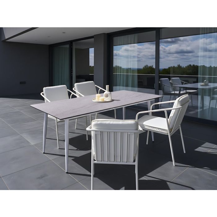 DEVERO Garden Dining Table Travertine Effect - White