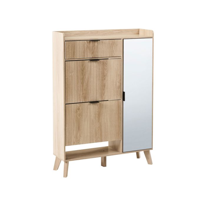 NUEVI 3 Doors 1 Drawer Mirrored Shoe Cabinet - Oak Finish