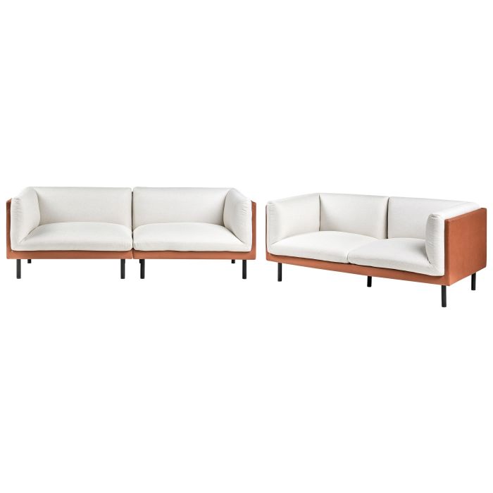 OVRGOD Faux Leather with Fabric 3 Seater and 2 Seater Sofa Set - Brown with Off White