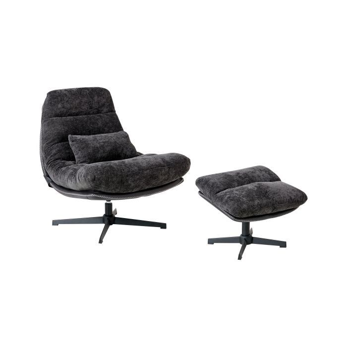 CHESMERE Chenille Fabric Swivel Armchair with Footstool - Black