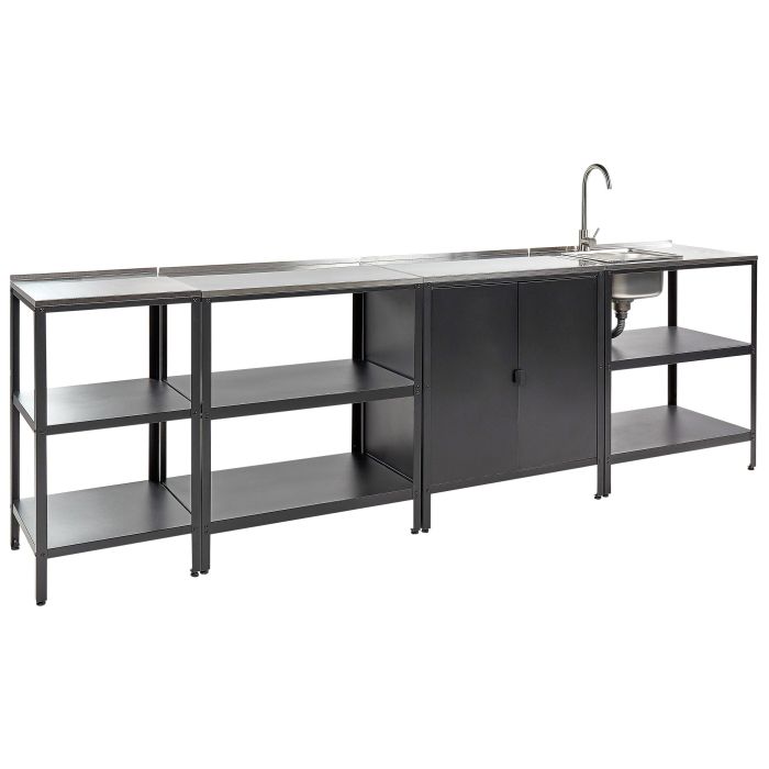 4 Piece Outdoor 3 Kitchen Islands and Cabinet Set with Sink Black VILAMA