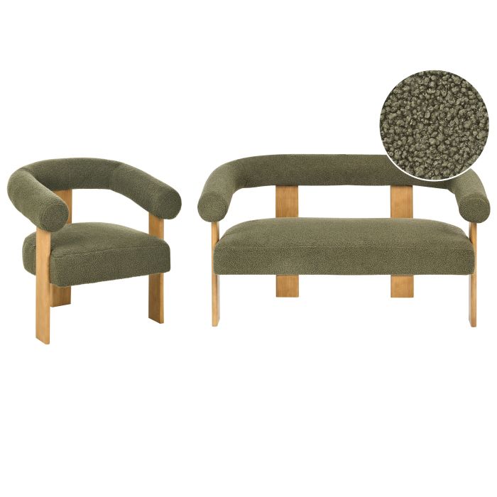 COBDEN Boucle Fabric 2 Seater Sofa and Armchair Sofa Set - Green with Light Oak