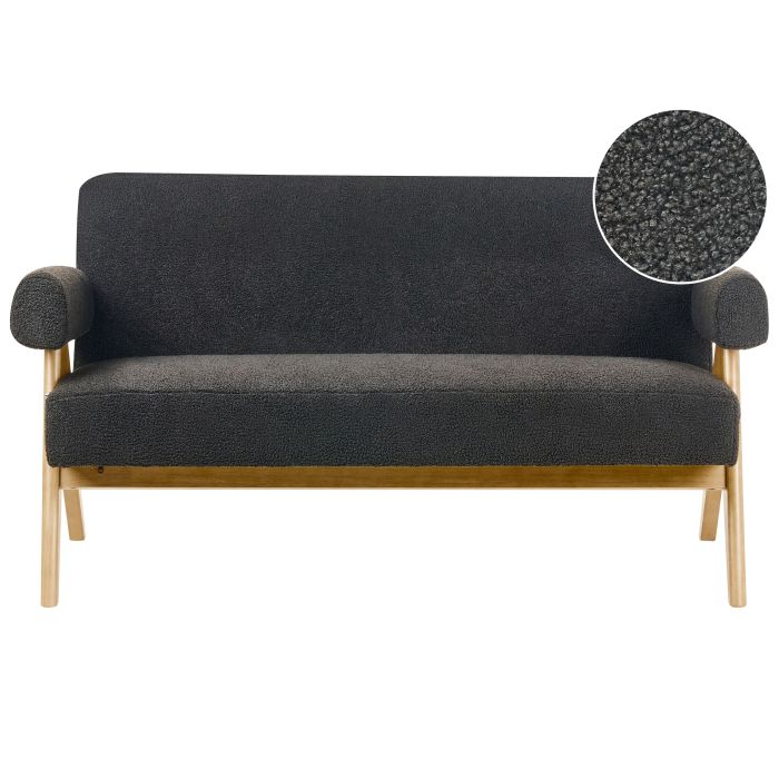 COALWORTH Boucle Fabric 2 Seater Sofa - Black with Light Oak