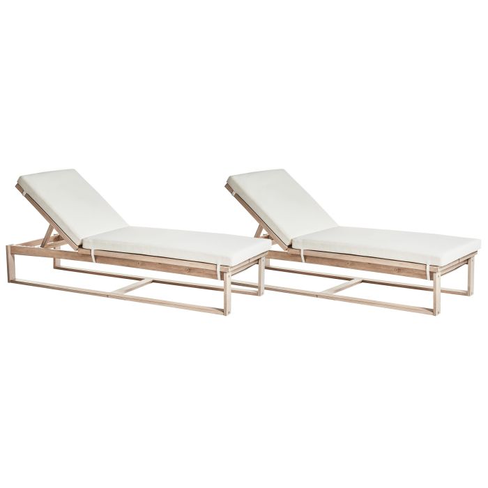 Set of 2 Acacia Wood Reclining Sun Loungers with Off-White Cushions AZZANELLO