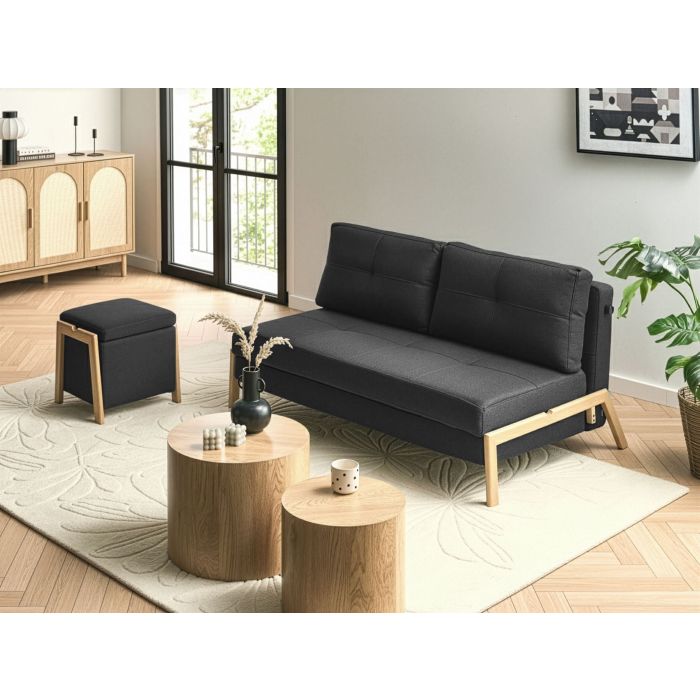 BOJAXO Fabric 2 Seater Sofa Sets with Pouffe - Black