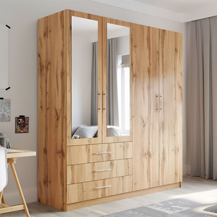 LINCOLNSHIRE 4 Door Mirrored Wardrobe with 3 Drawers Oak - 196cm