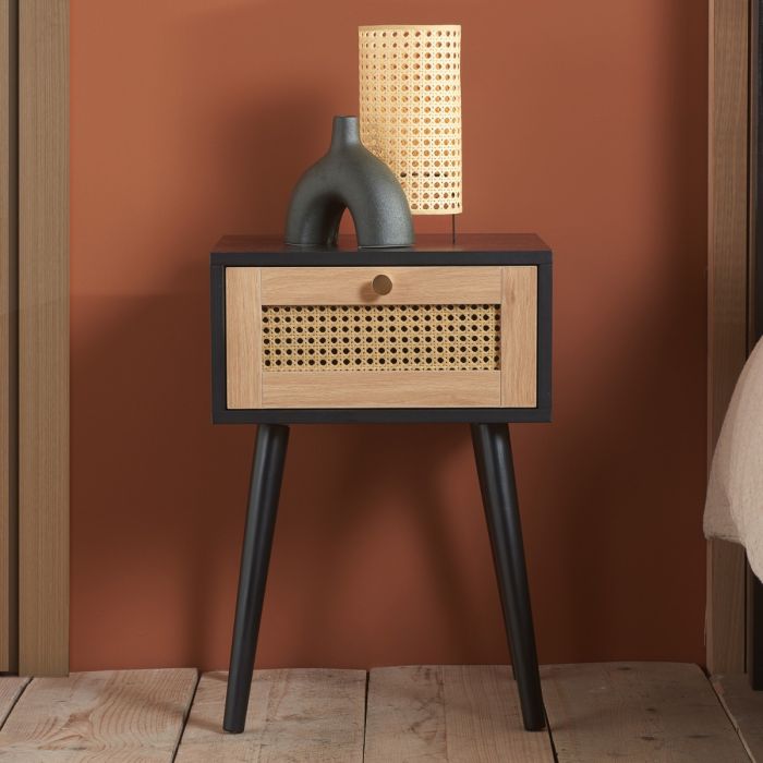 Croxley 1 Drawer Rattan Bedside - Black