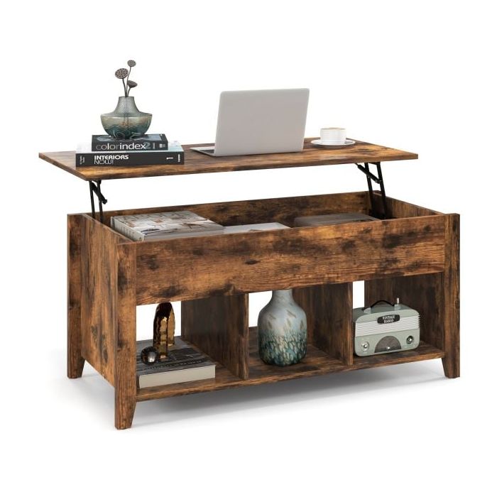 Rising Center Table with Lift Top Hidden Compartment-Rustic Brown