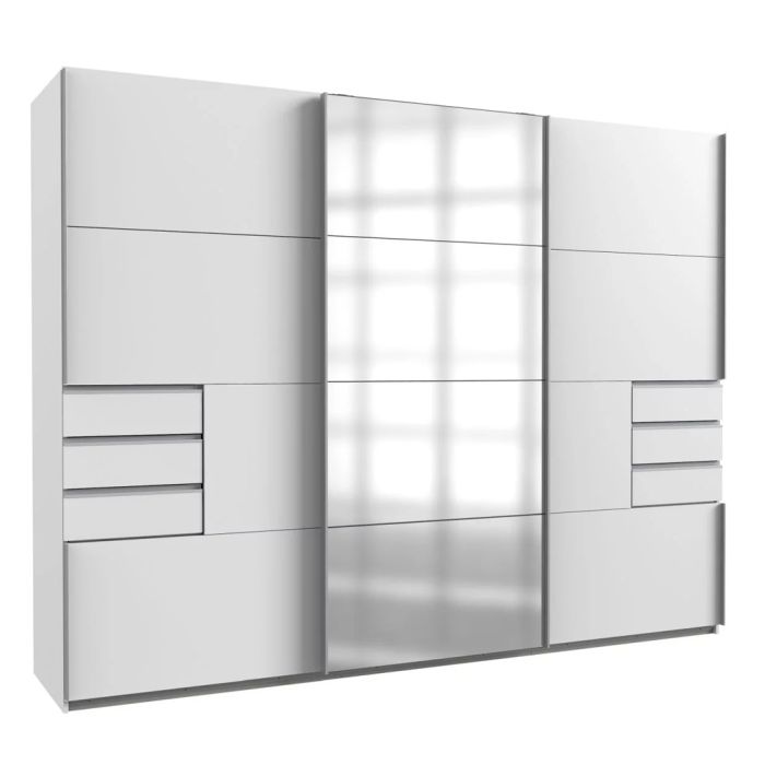 SOGO 3 Door Mirrored Sliding Wardrobe with 6 Drawers White - 270cm