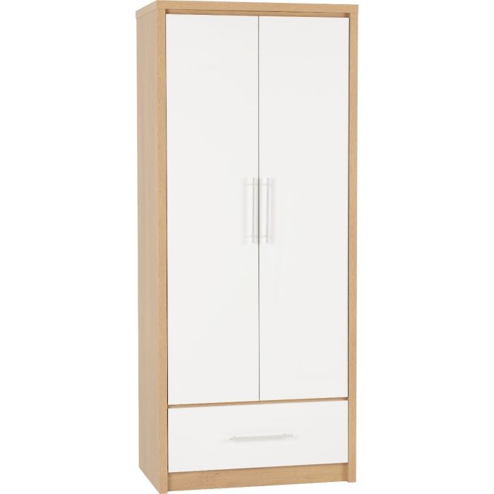 SELSEY 2 Door Wardrobe with 1 Drawer White High Gloss with Light Oak - 76cm