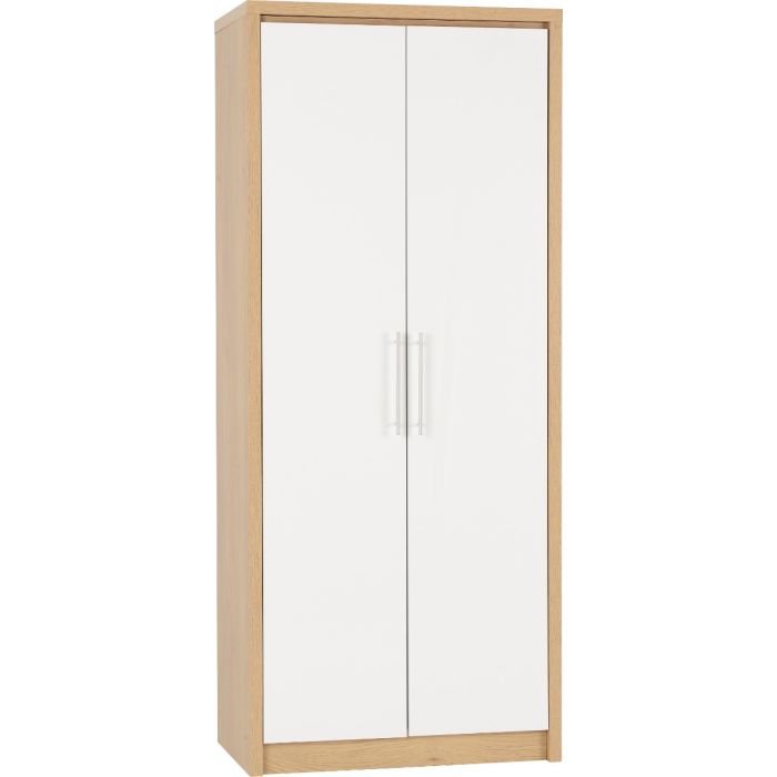 SELSEY 2 Door Wardrobe White High Gloss with Light Oak - 76cm