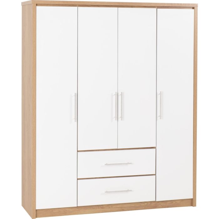 SELSEY 4 Door Wardrobe with 2 Drawers White High Gloss with Light Oak - 148.5cm