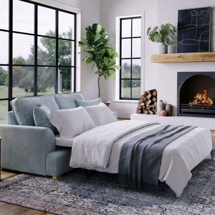 2 Seater Sofa Bed - HERITAGE Fabric - Light Blue